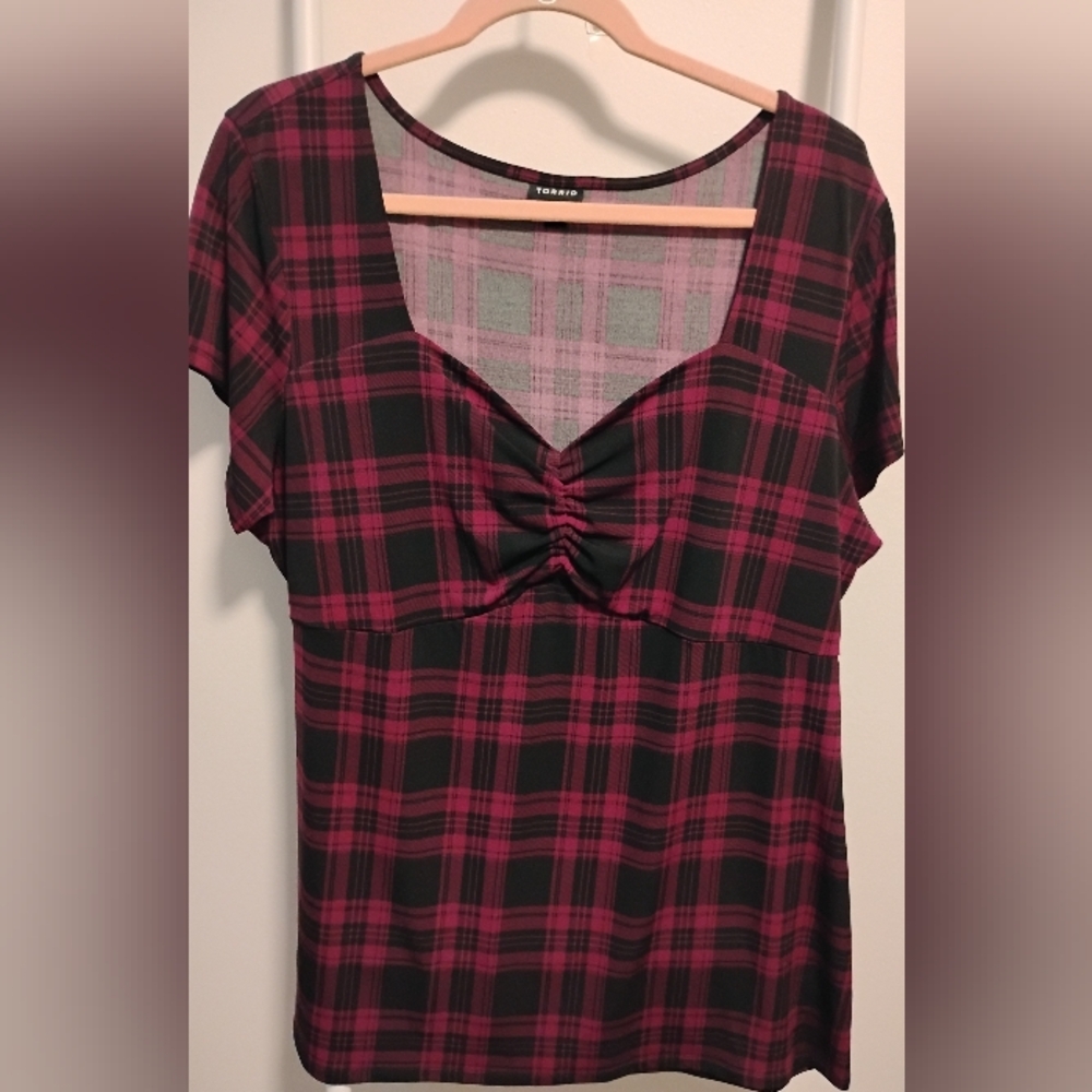 Torrid Plaid Short Sleeve Top with Bow Detail